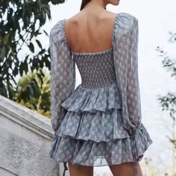 Floral Lace Up Corset Style Tiered Skirt Mini Dress with Fluted Sleeve - Picture 2 of 15